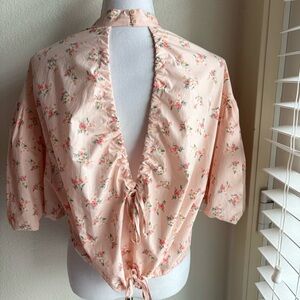 NWT by Anthropologie Cropped Bubble Sleeve Blouse Pink Floral L
